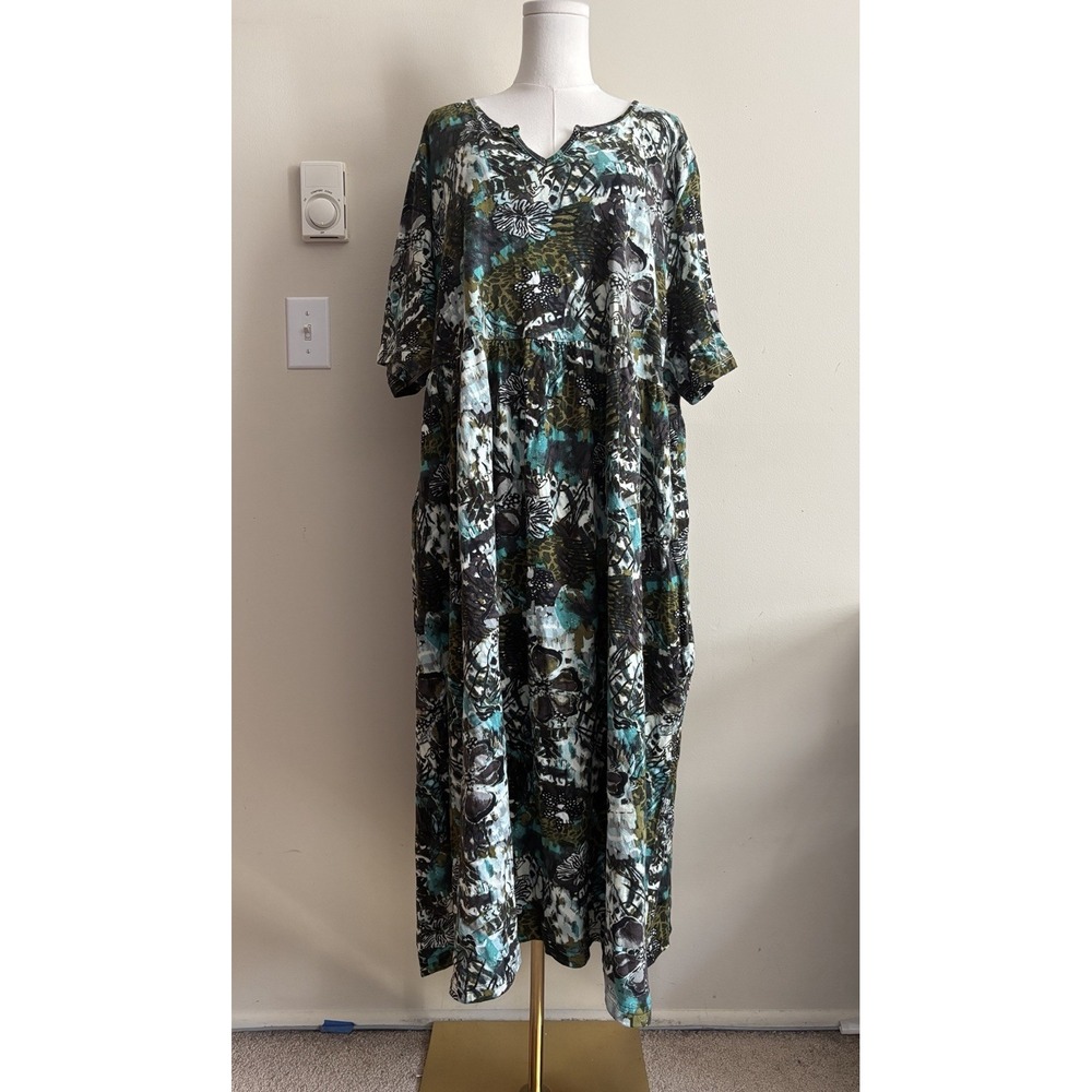 Ulla Popken 20 22 Plus Size Floral Green Blue Boho Cotton Pockets - Picture 7 of 9